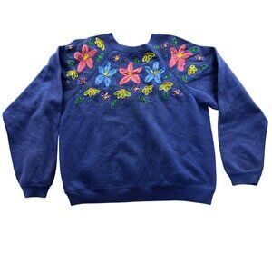 Vintage Tultex Womens Sweatshirt Medium Crewneck Blue Floral Long Sleeve Casual